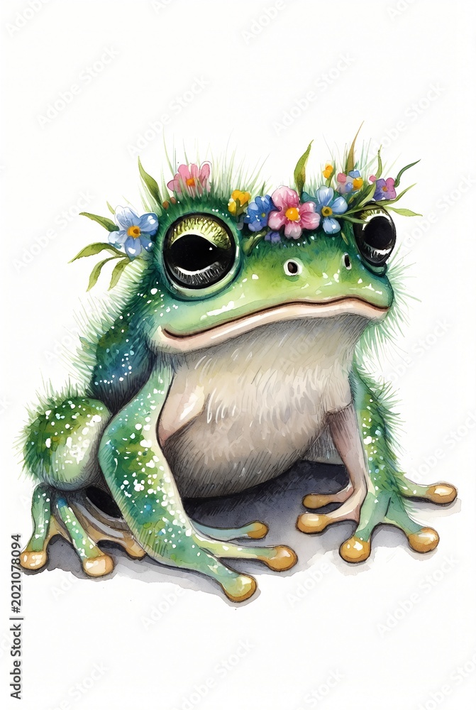 Fototapeta premium Cute watercolor frog with flower crown illustration, adorable kawaii toad floral wreath clipart, funny garden animal art isolated on white background