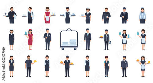 Set of professional hotel and restaurant service staff characters in various uniforms are shown carrying trays and providing hospitality.