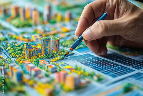 Urban planners sketching eco-friendly city layouts, solar panels, and green roof