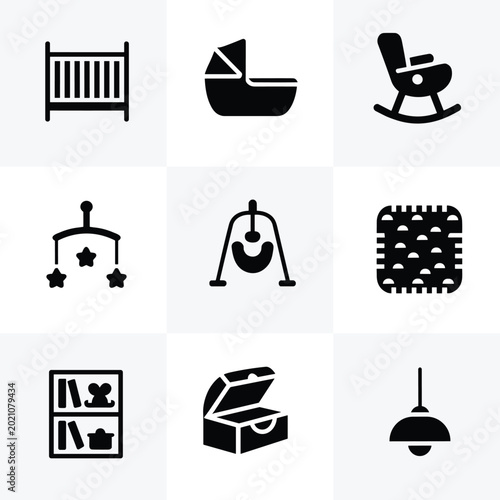 Konstfotografi Set of black baby and nursery featuring a crib, bassinet, rocking chair, mobile,