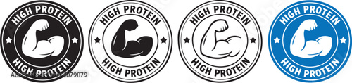 Photos Set of four circular high protein fitness labels with muscular arm icon