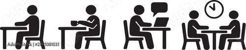 Fotografie People sitting at tables doing office work and having meetings icons set