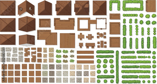 Top down view architectural map elements including house roofs wooden decks stone paths and green hedges vector illustration