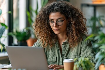 Focused young woman with curly hair wearing glasses working on a laptop surrounded by plants