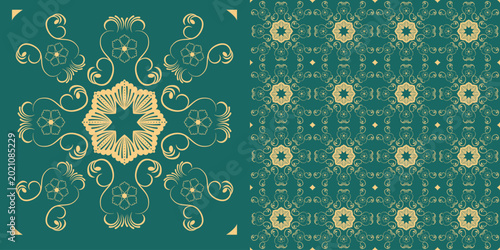 Elegant Gold Teal Floral Mandala Seamless Pattern Vector For Textil...
