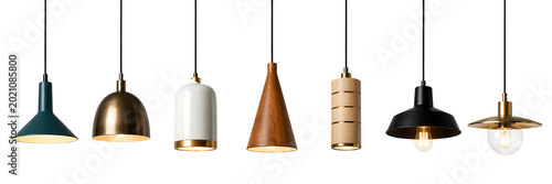 Seven different hanging pendant lamps isolated on transparent background
