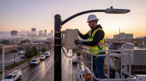 caucasian utility worker in hard hat installing 5g telecommunication equipment on street light pole from bucket truck. city skyline at sunrise background. website header, banner with copyspace.