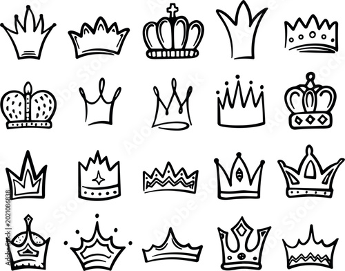Foto "Set of 20 Crown Icons Featuring Various Crown Designs in Bold, Minimalist Style