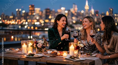 Elegant rooftop dinner party features three beautiful friends laughing and toasting ruby red wine under warm bokeh city lights at night.