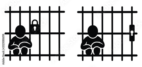 Foto Detailed Cell Door Prison and jail icon set featuring prisoner handcuffs jailed hands and criminal justice symbols vector illustration for law enforcement security and imprisonment concept