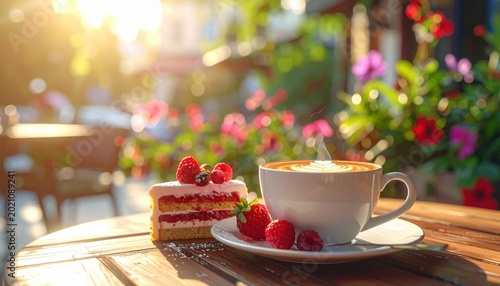 Gourmet cup of coffee served with a delicious chocolate strawberry cake and fresh cream on a plate for a tasty breakfast snack