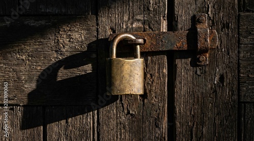 Heavy solid brass security padlocks forcefully hang from dark rusted metal latches on old weathered wooden doors under dramatic lighting.