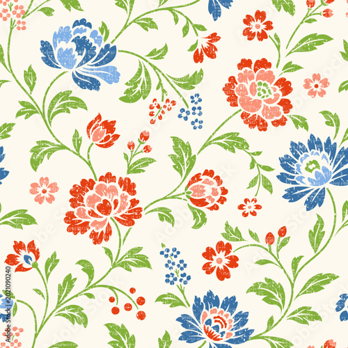 Colorful chintz-inspired floral design, stylized Jacobean flowers, leaves. Seamless vector pattern, hand-drawn aesthetic evokes classic textile prints, ideal for wallpaper, fabric, art projects.