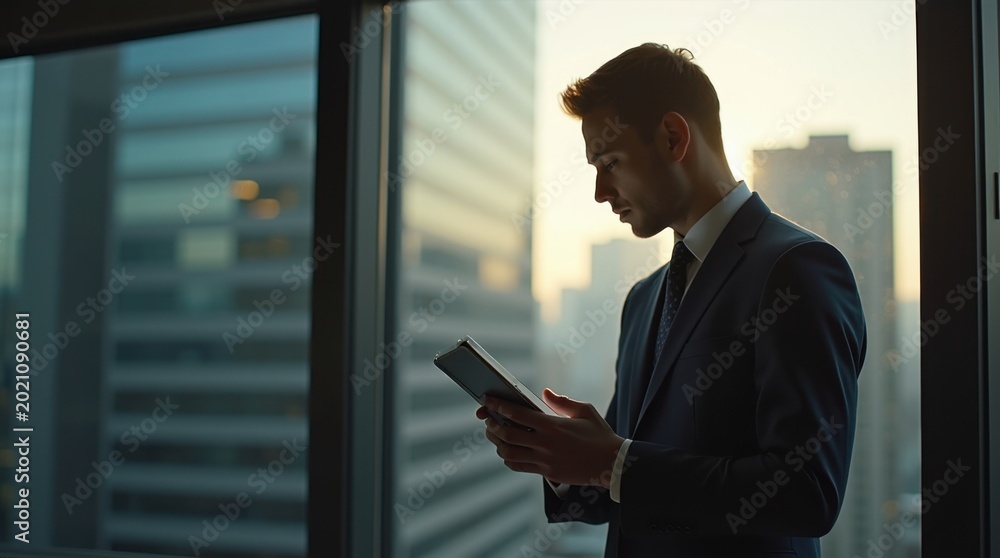 Fototapeta premium Ejecutivo estudiando informes de gráficos de barras en una tableta, con fondo de oficina en la ciudad