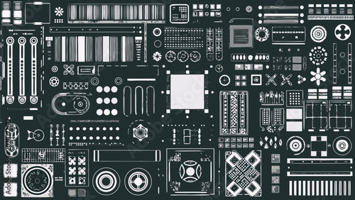 Tableau sur toile collection of technical mechanical parts and components blueprint style isolated