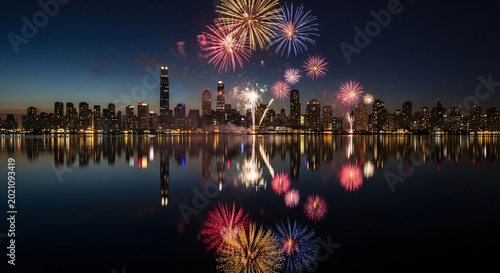 Spectacular Fireworks Display over Modern City Buildings with Water Reflection at Dusk