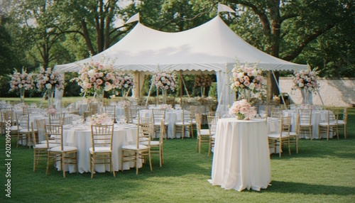 Fotografie An elegant outdoor wedding reception setup with round tables, white tablecloths, gold chairs, and lush floral centerpieces under a large white marquee tent on a green lawn