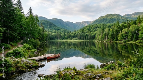 A serene summer mountain lake landscape featuring a reflection of the green forest and sky as people enjoy a canoeing adventure in a kayak