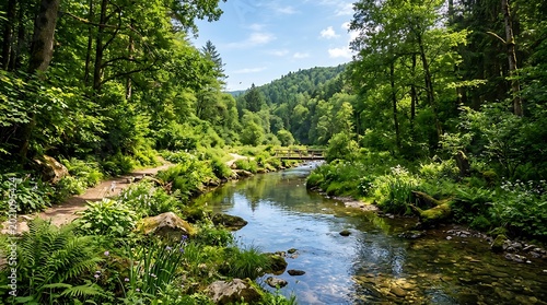A beautiful natural stream of flowing water winds through a green summer forest landscape with trees and mossy rocks