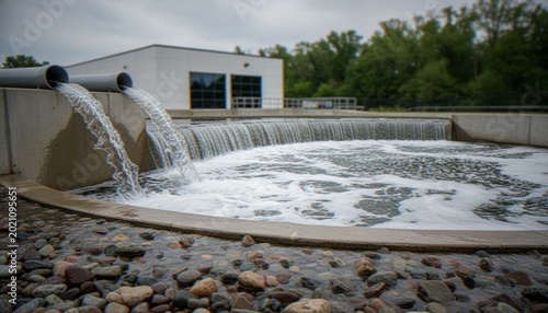 фотографія Water flowing from pipes into a circular concrete tank at a modern water treatment or filtration facility