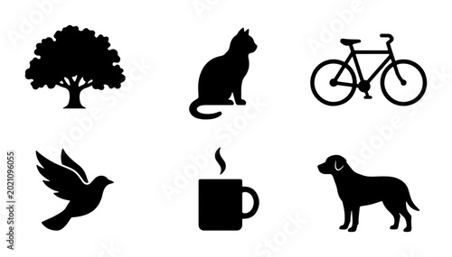 Vector Silhouette Icons: Tree, Cat, Bicycle, Bird, Coffee Cup, Dog Set for Nature, Pets, Lifestyle, and Transport Graphics