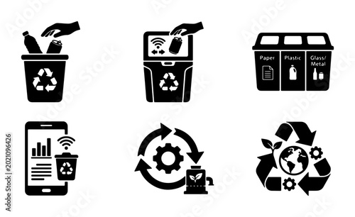 Recycling Icons Set: Smart Bins, Waste Management, Eco-Friendly Solutions, Circular Economy, Sustainability Graphics
