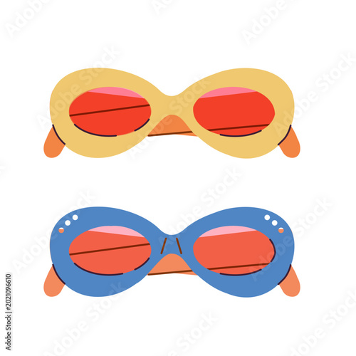 Two fashionable oval sunglasses with yellow and blue frames. Trendy flat vector eyewear accessory for summer and vacation style concepts.