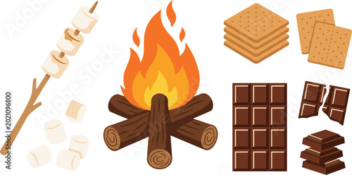 Quadro su tela Large set of bonfire campfire with roasted marshmallows, chocolate bars and crac
