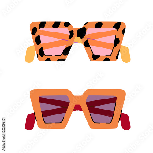 Fashion sunglasses collection with leopard print square glasses and orange geometric sunglasses. Modern flat vector eyewear set for summer fashion concepts.