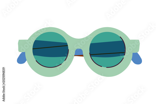 Round mint sunglasses with blue tinted lenses isolated on light background. Flat vector fashion accessory illustration for summer style, trendy eyewear branding and modern feminine design.