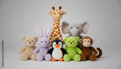 Photography A group of colorful plush stuffed animal toys standing together against a plain grey studio background
