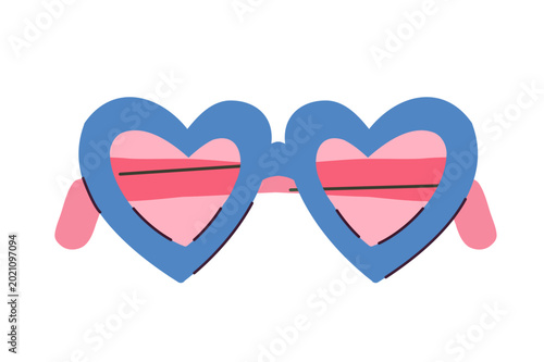 Blue heart shaped sunglasses with pink lenses isolated on background. Flat vector illustration for cute fashion accessories, coquette style, summer branding and playful feminine design.