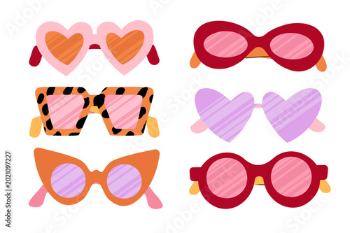 Set of fashionable sunglasses in multiple shapes and bright colors. Flat vector illustration ideal for summer accessories, fashion editorials, retail branding and stylish feminine graphics.