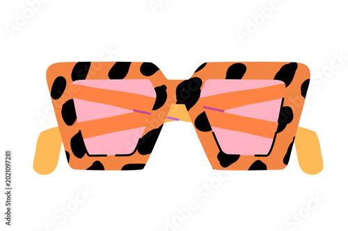 Leopard print sunglasses with orange lenses isolated on light background. Trendy flat vector fashion accessory illustration for bold summer style and retro inspired collections.