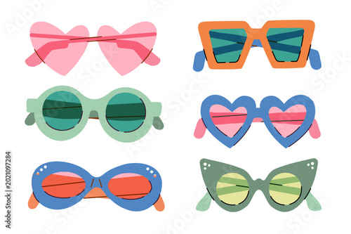 Pack of trendy sunglasses in heart, round and cat eye shapes with colorful frames. Flat vector accessory illustration for fashion graphics, retail visuals and summer collections.