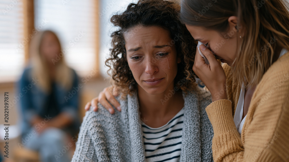 Fototapeta premium Candid unposed moment in an eating disorder outpatient group, a participant wiping a tear while a peer leans over to place a hand on her shoulder, the therapist sitting quietly across the circle in 