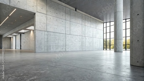 Modern concrete interior with large windows