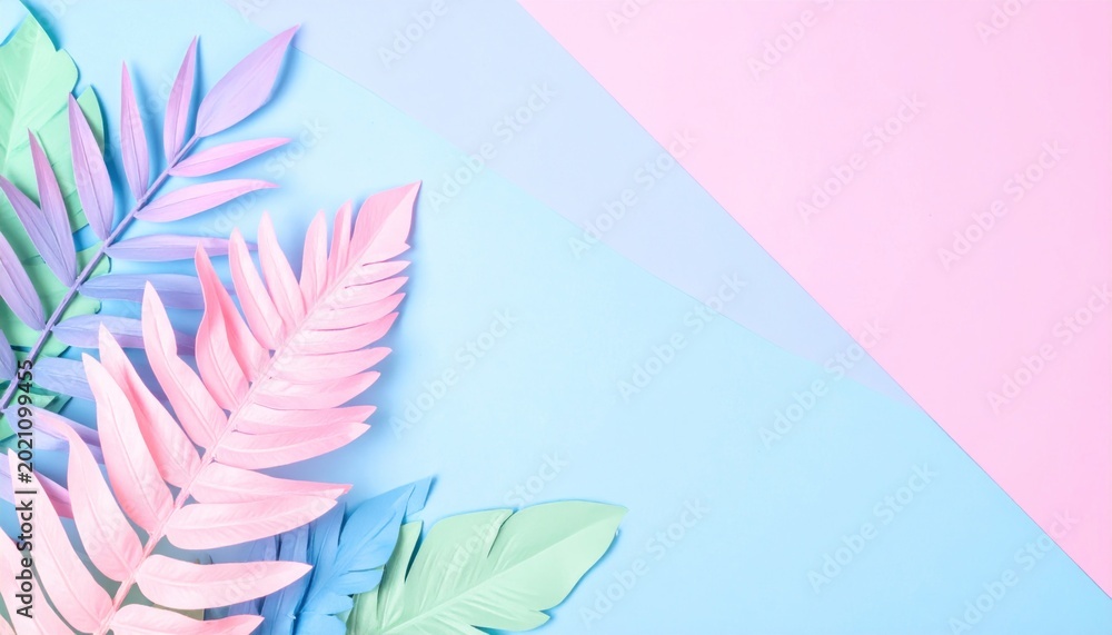Fototapeta premium Pastel Tropical Leaves on a Split Background.