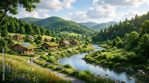 Beautiful summer scenery of green rice terraces in Bali, Indonesia, and Nepal with mountains and a river valley under a cloudy sky
