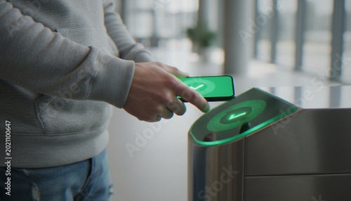 Fotografía A person using a smartphone with NFC technology to gain access through a secure turnstile gate in a modern office building