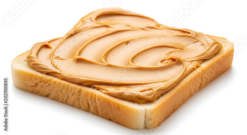 A single slice of white bread thick with creamy peanut butter swirls isolated on a clean white background.