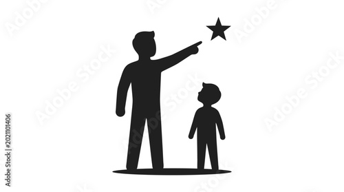 father and son silhouette pointing at star black and white