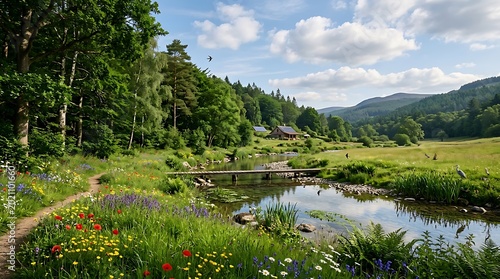 A tranquil summer landscape reveals a beautiful blue lake and mountains under a cloudy sky, with green trees and grass reflecting in the calm water