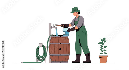 Slika na platnu A gardener filling a watering can from a rain barrel.