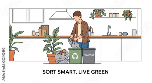 Quadro su tela A man sorting household waste into recycling and trash bins in a kitchen
