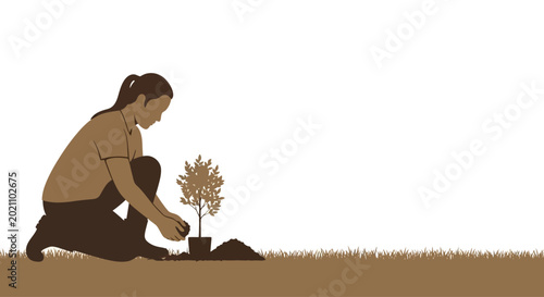 Canvastavla A woman kneeling on the ground planting a small tree in soil.