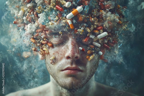 Creative Human Head Shape Made of Colorful Pills Representing Mental Health Disorder Concept, Generative AI