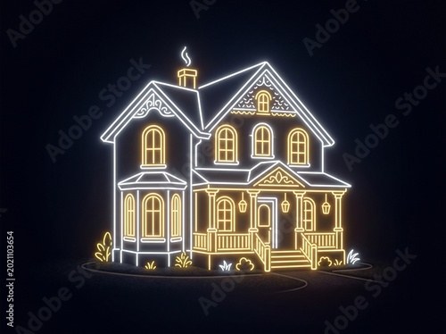 Grand Victorian House – Glowing Yellow Windows with Porch and Smoke on Dark