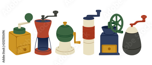 Schilderij op canvas Coffee Grinders Set Manual Kitchen Tools Illustration, Vintage Hand Crank Coffee