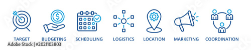 event management outline color banner icon with target, budgeting, scheduling, logistics, location, marketing, coordination